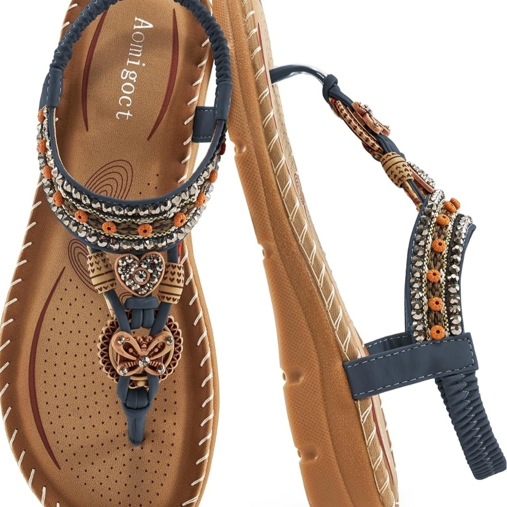 Sandals Boho Blue and Brown W/Cushioned Comfort Sz 9.5